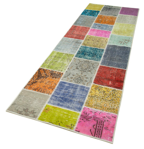 Kırk Yama Mavi Patchwork Pamuk Yün El Dokuma Halısı 92x296 Agacan