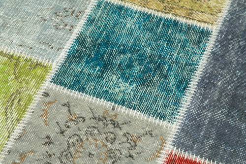 Kırk Yama Mavi Patchwork Pamuk Yün El Dokuma Halısı 92x296 Agacan
