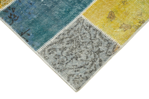 Kırk Yama Mavi Patchwork Pamuk Yün El Dokuma Halısı 92x301 Agacan