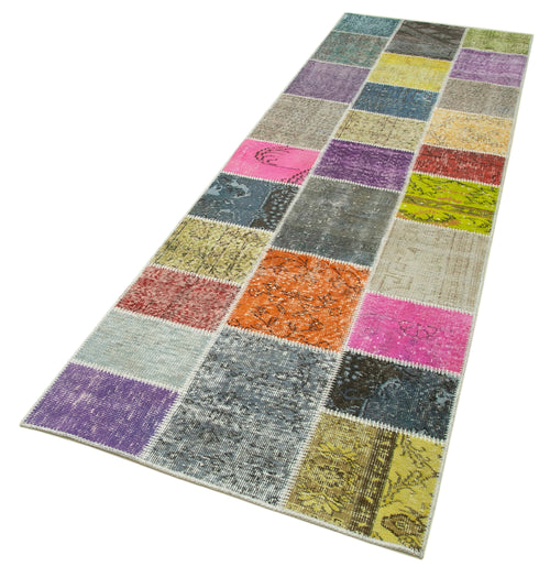 Kırk Yama Mavi Patchwork Pamuk Yün El Dokuma Halısı 91x300 Agacan