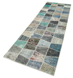 Kırk Yama Mavi Patchwork Pamuk Yün El Dokuma Halısı 88x308 Agacan