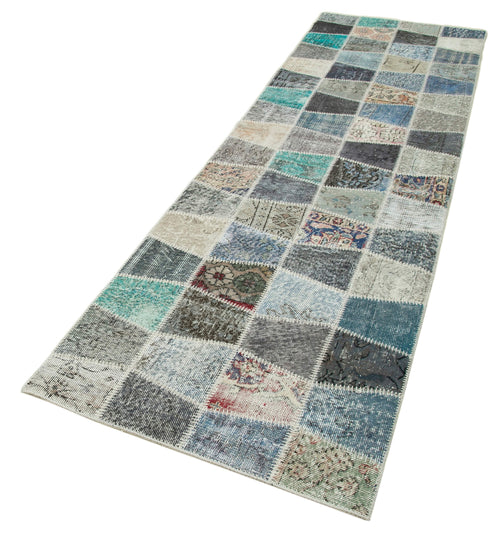 Kırk Yama Mavi Patchwork Pamuk Yün El Dokuma Halısı 88x308 Agacan