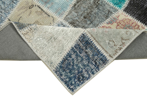 Kırk Yama Mavi Patchwork Pamuk Yün El Dokuma Halısı 88x308 Agacan
