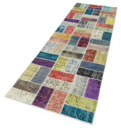 Kırk Yama Mavi Patchwork Pamuk Yün El Dokuma Halısı 86x300 Agacan