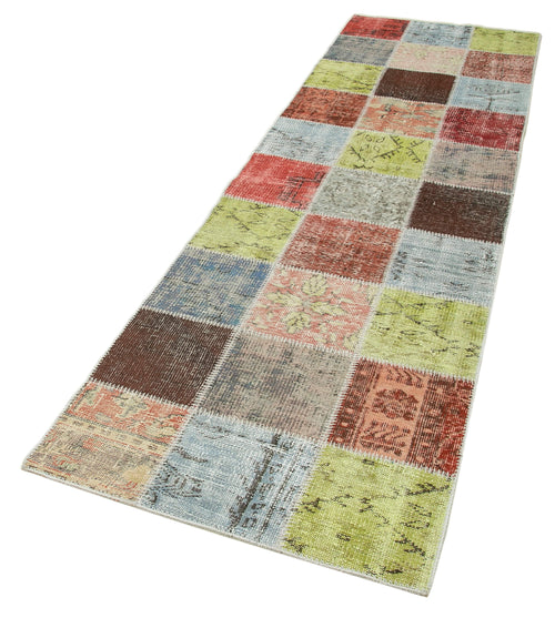 Kırk Yama Mavi Patchwork Pamuk Yün El Dokuma Halısı 84x297 Agacan