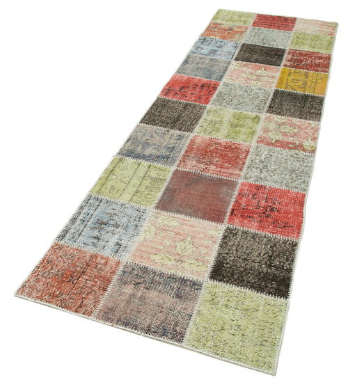 Kırk Yama Mavi Patchwork Pamuk Yün El Dokuma Halısı 85x295 Agacan