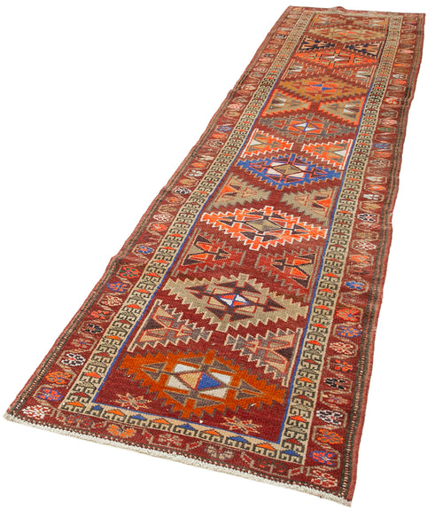 Vintage Herki Kırmızı Eskitme Pamuk Yün El Dokuma Halısı 85x345 Agacan