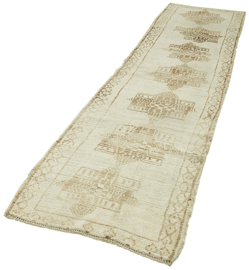 Vintage Herki Bej Eskitme Pamuk Yün El Dokuma Halısı 83x348 Agacan