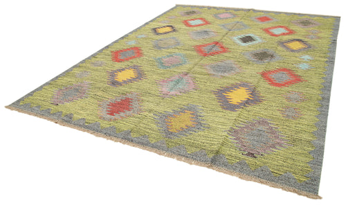 Scrap Sarı Geometrik Pamuk Yün El Dokuma Halısı 286x372 Agacan