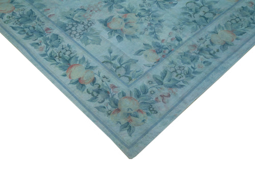 Needlepoint Mavi Çiçekli Pamuk Yün El Dokuma Halısı 253x337 Agacan