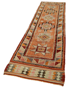 Vintage Herki Turuncu Eskitme Pamuk Yün El Dokuma Halısı 85x388 Agacan