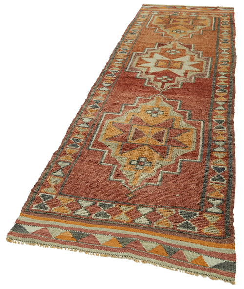 Vintage Herki Turuncu Eskitme Pamuk Yün El Dokuma Halısı 95x338 Agacan
