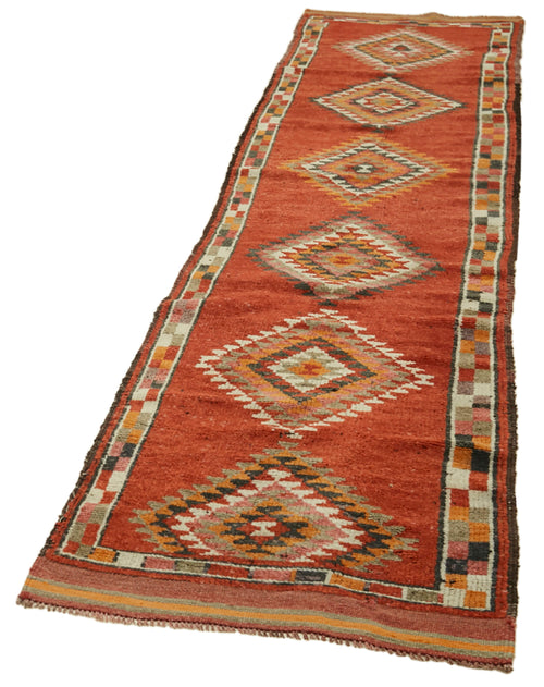 Vintage Herki Kırmızı Eskitme Pamuk Yün El Dokuma Halısı 86x355 Agacan