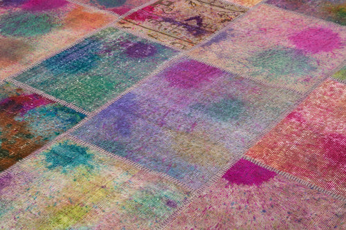 Kırk Yama Pembe Patchwork Pamuk Yün El Dokuma Halısı 302x403 Agacan