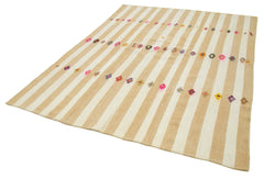 Anatolian Kilim Bej Çizgili Pamuk Yün El Dokuma Halısı 203x264 - El Dokuma - HALI.NET