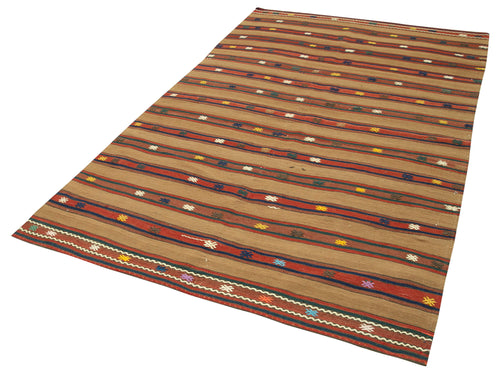 Anatolian Kilim Kahverengi Çizgili Pamuk Yün El Dokuma Halısı 158x258 - El Dokuma - HALI.NET